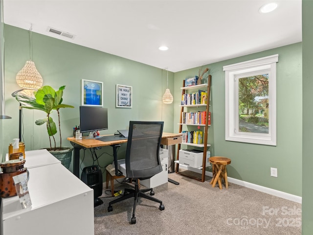 home office featuring visible vents, baseboards, recessed lighting, and carpet