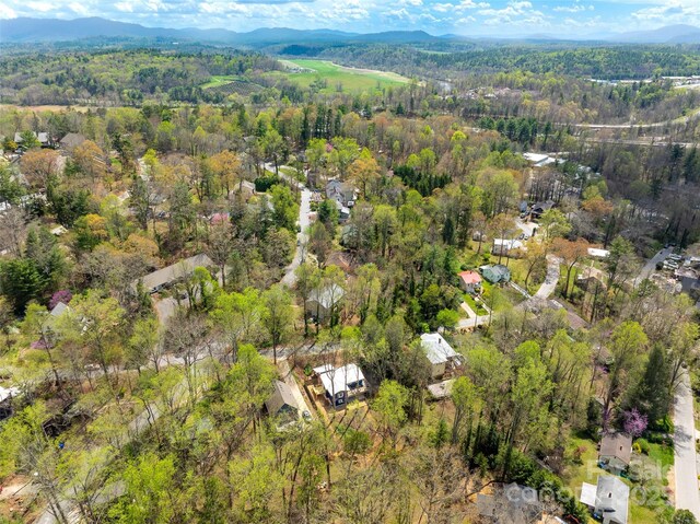 aerial view featuring a view of trees and a mountain view