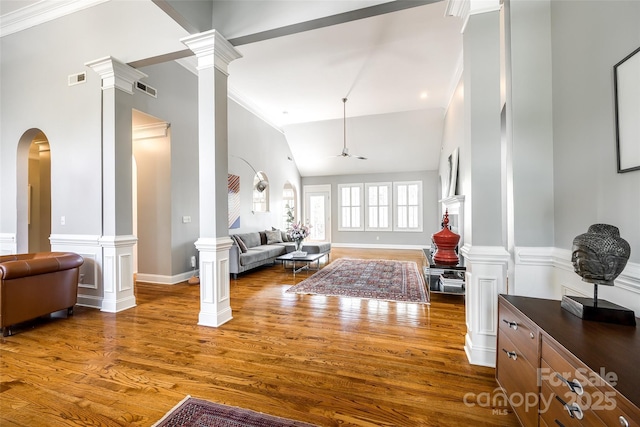 1126 Blowing Rock Cv, Fort Mill, SC 29708 - living area with visible vents, wood finished floors, lofted ceiling, decorative columns, and ceiling fan