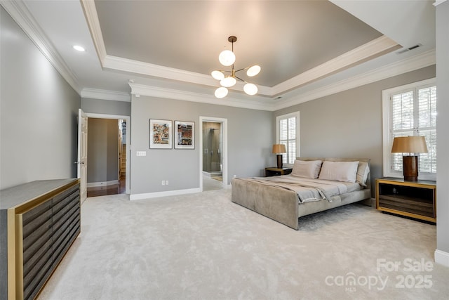 1126 Blowing Rock Cv, Fort Mill, SC 29708 - carpeted bedroom with a raised ceiling, an inviting chandelier, ornamental molding, and visible vents