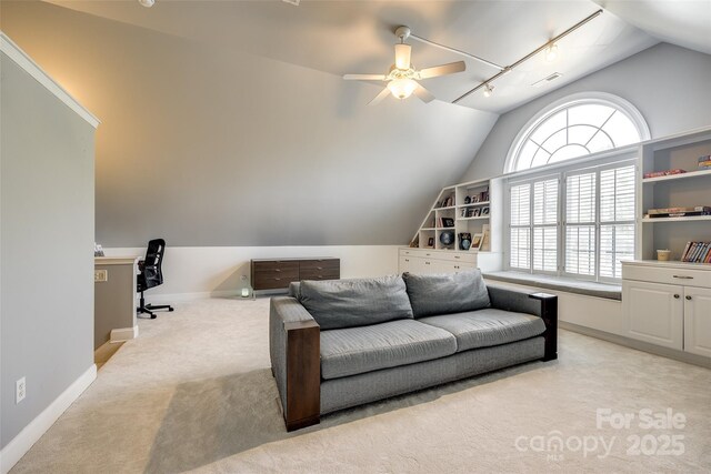 1126 Blowing Rock Cv, Fort Mill, SC 29708 - interior space featuring light colored carpet, a ceiling fan, visible vents, vaulted ceiling, and baseboards