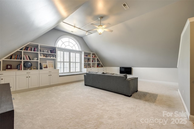 1126 Blowing Rock Cv, Fort Mill, SC 29708 - interior space with visible vents, baseboards, a ceiling fan, light colored carpet, and lofted ceiling