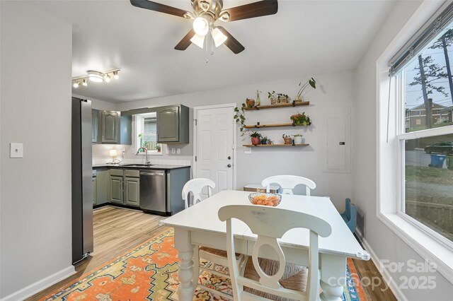 212 Short Michigan Ave, Asheville, NC 28806 - dining area featuring baseboards, a ceiling fan, light wood-style floors, and electric panel