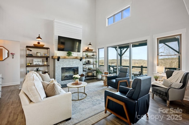 5888 Wood Duck Way, Catawba, NC 28609 - living room with a towering ceiling, wood finished floors, a glass covered fireplace, and baseboards