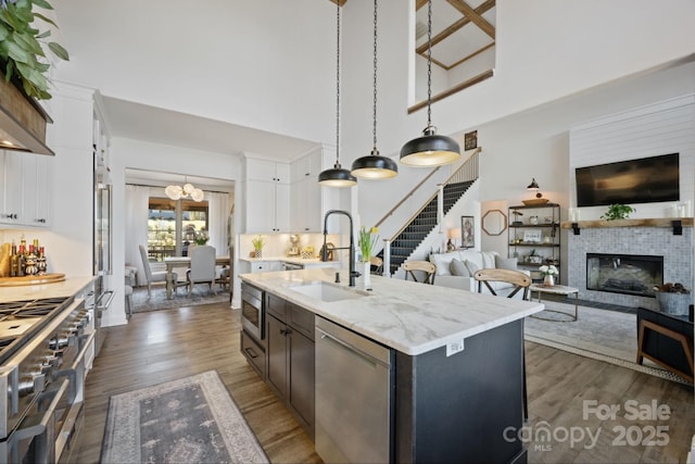5888 Wood Duck Way, Catawba, NC 28609 - kitchen with appliances with stainless steel finishes, open floor plan, dark wood-style flooring, a sink, and a towering ceiling