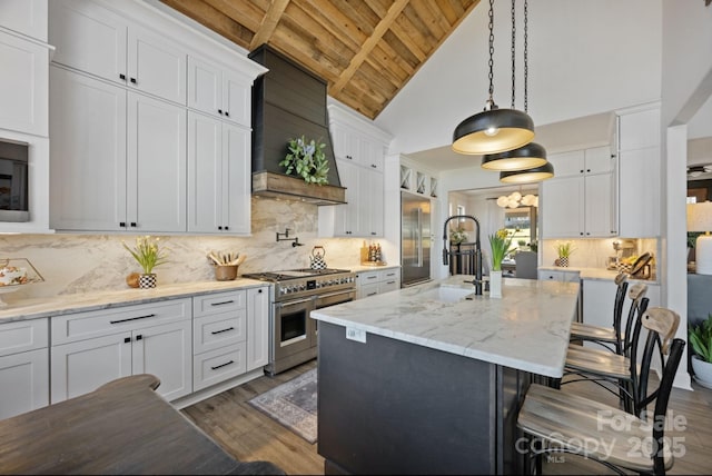 5888 Wood Duck Way, Catawba, NC 28609 - kitchen featuring double oven range, wooden ceiling, dark wood-type flooring, white cabinetry, and an island with sink