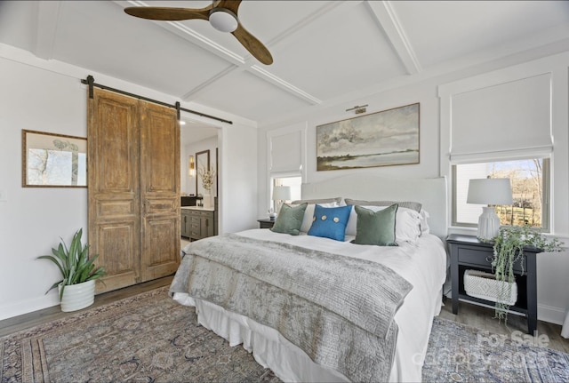 5888 Wood Duck Way, Catawba, NC 28609 - bedroom featuring wood finished floors, a barn door, beam ceiling, ceiling fan, and ensuite bathroom