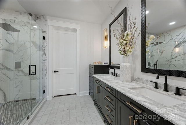 5888 Wood Duck Way, Catawba, NC 28609 - full bathroom featuring a marble finish shower, double vanity, marble look tile flooring, and recessed lighting