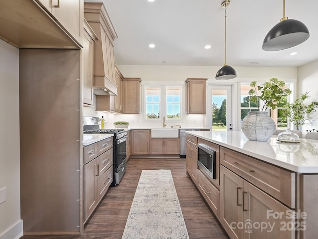 kitchen featuring recessed lighting, stainless steel appliances, a sink, dark wood-type flooring, and decorative light fixtures