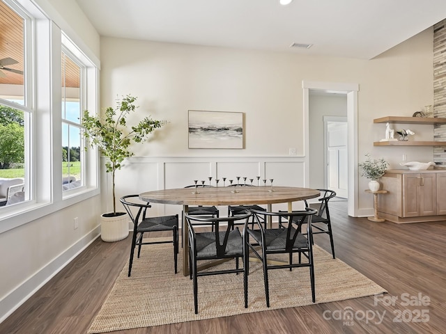 dining room with baseboards, a wainscoted wall, dark wood-type flooring, and visible vents