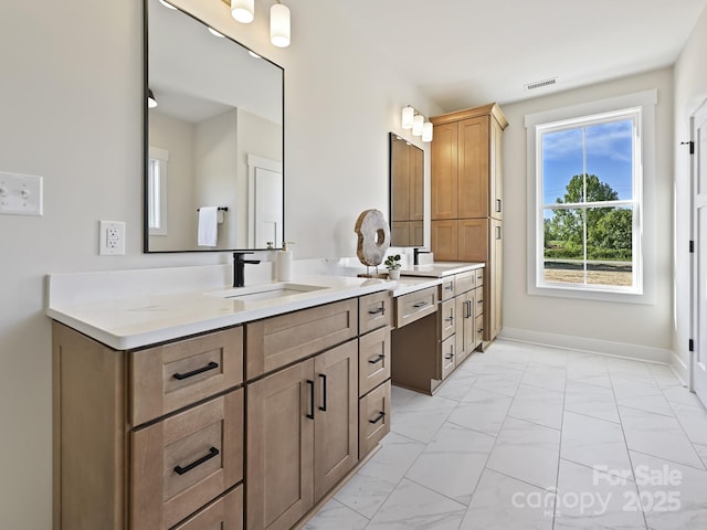 full bathroom with baseboards, visible vents, marble finish floor, and vanity
