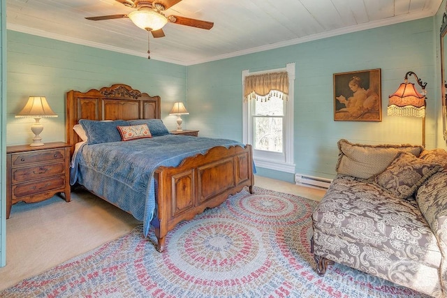 bedroom featuring ornamental molding, ceiling fan, light colored carpet, and a baseboard radiator