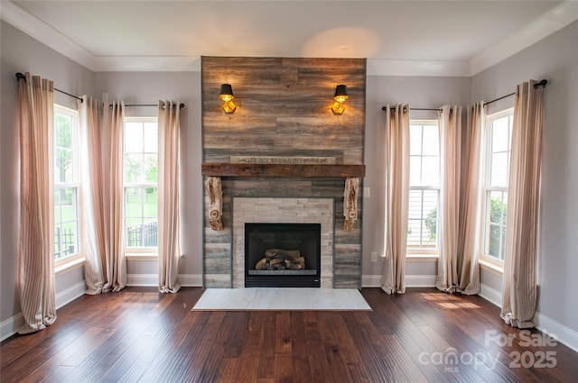 8810 Cool Meadow Dr, Huntersville, NC 28078 - unfurnished living room featuring dark wood-style floors, a large fireplace, and baseboards