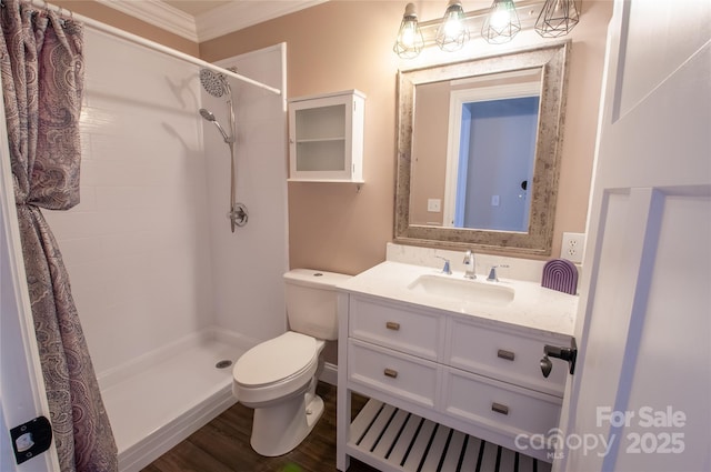 8810 Cool Meadow Dr, Huntersville, NC 28078 - full bathroom featuring ornamental molding, toilet, tiled shower, vanity, and wood finished floors