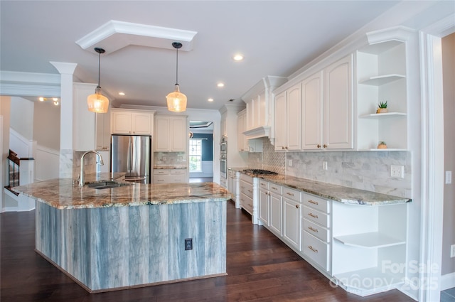 8810 Cool Meadow Dr, Huntersville, NC 28078 - kitchen featuring open shelves, stainless steel appliances, a sink, a peninsula, and light stone counters