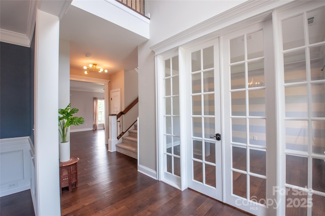 8810 Cool Meadow Dr, Huntersville, NC 28078 - entryway featuring french doors, dark wood finished floors, and stairway