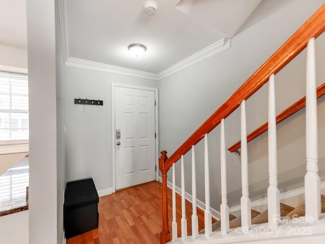 entryway with baseboards, stairway, light wood-type flooring, and ornamental molding