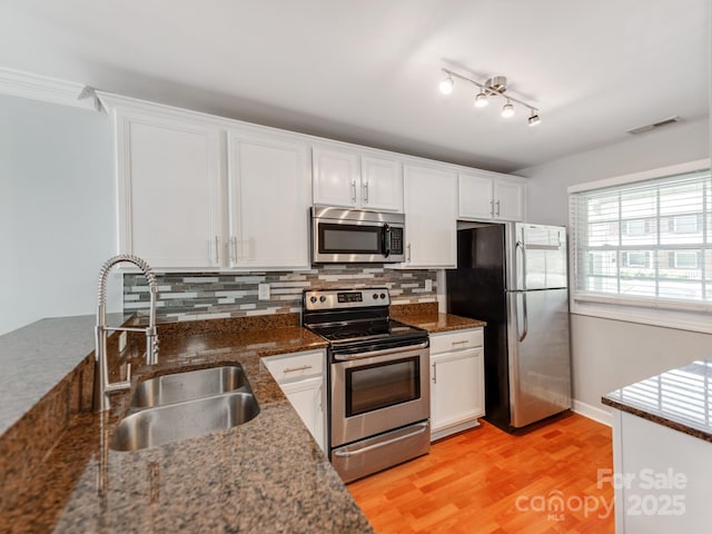 kitchen with decorative backsplash, a sink, white cabinets, and stainless steel appliances
