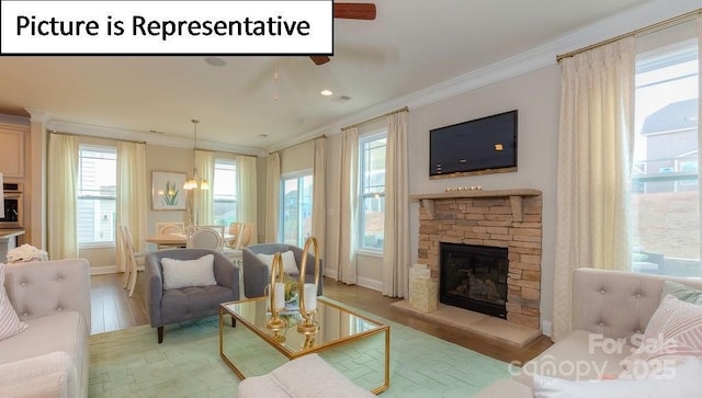 living room with baseboards, a stone fireplace, ornamental molding, and wood finished floors