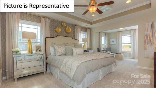 bedroom featuring baseboards, recessed lighting, crown molding, a tray ceiling, and light colored carpet