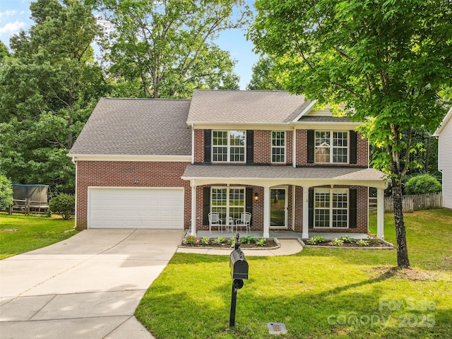 view of front of house featuring fence, an attached garage, a shingled roof, a front yard, and concrete driveway