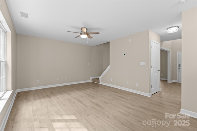 unfurnished room featuring baseboards, a ceiling fan, light wood finished floors, and visible vents