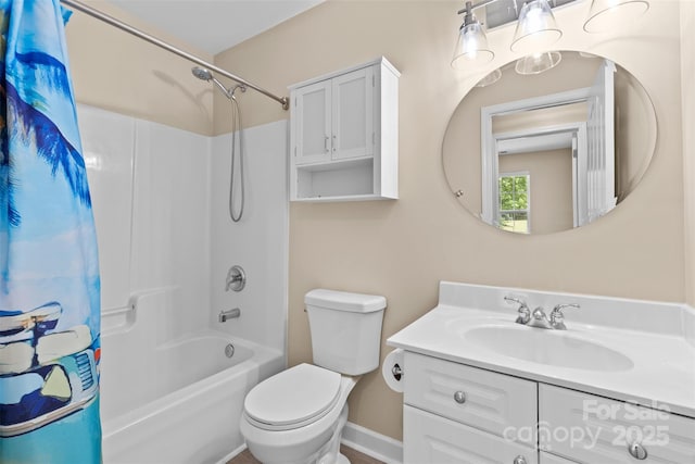 full bathroom with toilet, baseboards, shower / bath combination with curtain, and vanity