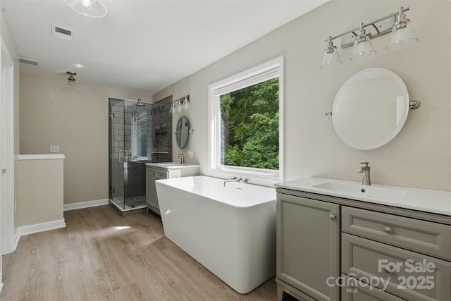bathroom with a sink, a stall shower, wood finished floors, and two vanities