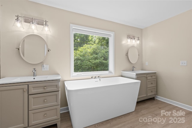 bathroom with a sink, baseboards, wood finished floors, and two vanities