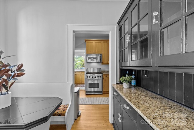 kitchen featuring light wood-style flooring, appliances with stainless steel finishes, and light stone counters