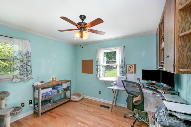 1218 Donna Dr, Shelby, NC 28152 - office space with baseboards, ornamental molding, visible vents, light wood-style floors, and ceiling fan