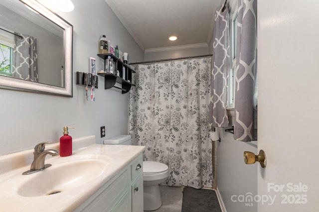 1218 Donna Dr, Shelby, NC 28152 - bathroom featuring toilet, crown molding, vanity, and a shower with shower curtain