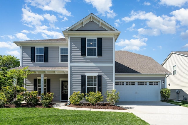 view of front of home featuring roof with shingles, driveway, an attached garage, a front yard, and a porch
