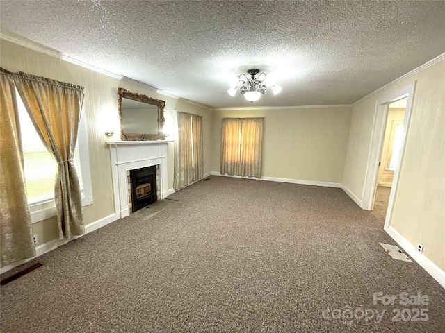 215 Old Dixie Rd, Lancaster, SC 29720 - unfurnished living room with crown molding, a fireplace with flush hearth, carpet floors, a textured ceiling, and a chandelier