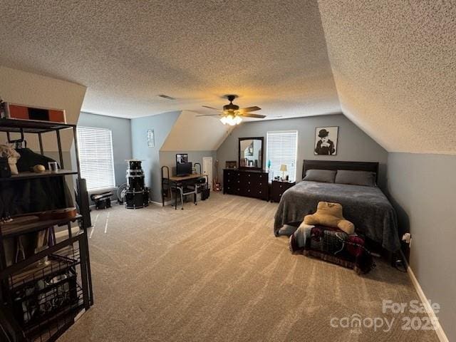 1273 Wateree Estates Rd, Winnsboro, SC 29180 - bedroom featuring baseboards, a ceiling fan, a textured ceiling, carpet floors, and lofted ceiling