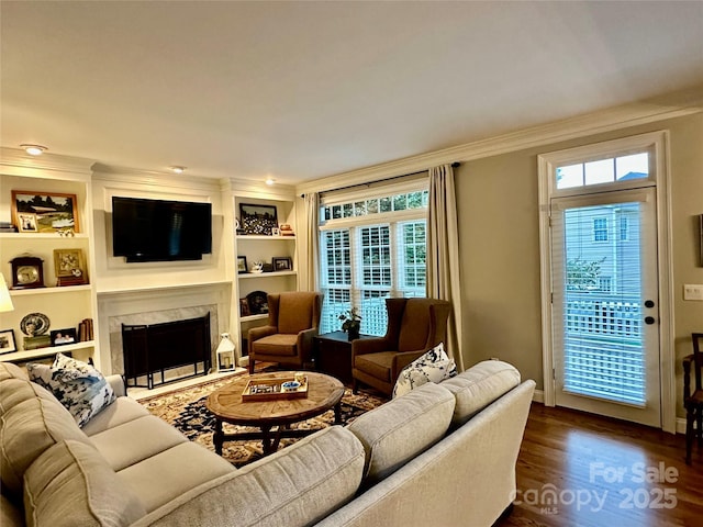 9508 Hayenridge Ct, Huntersville, NC 28078 - living area with a fireplace, baseboards, crown molding, and dark wood finished floors