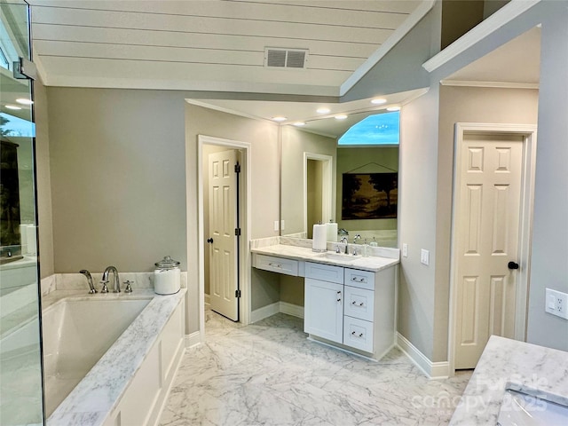 9508 Hayenridge Ct, Huntersville, NC 28078 - full bath with baseboards, a bathtub, crown molding, visible vents, and marble finish floor
