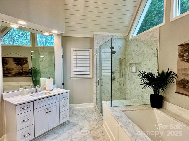 9508 Hayenridge Ct, Huntersville, NC 28078 - bathroom with lofted ceiling, vanity, a marble finish shower, marble finish floor, and a garden tub