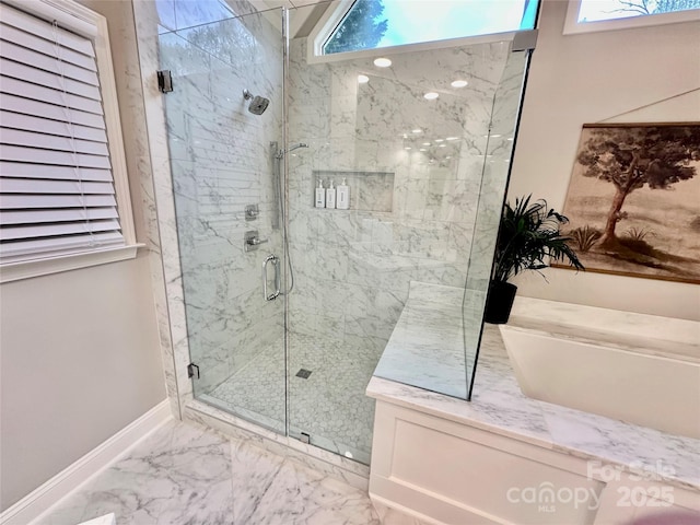 9508 Hayenridge Ct, Huntersville, NC 28078 - bathroom with baseboards, a shower stall, marble finish floor, and plenty of natural light