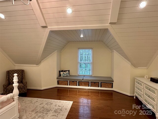 9508 Hayenridge Ct, Huntersville, NC 28078 - bonus room featuring baseboards, wooden ceiling, wood finished floors, and lofted ceiling with beams