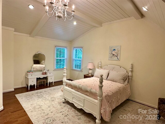 9508 Hayenridge Ct, Huntersville, NC 28078 - bedroom featuring a notable chandelier, baseboards, lofted ceiling with beams, wood ceiling, and wood finished floors