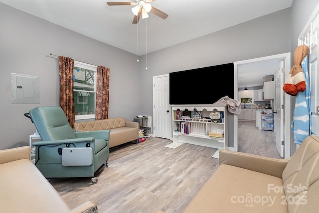 living room with electric panel, plenty of natural light, light wood-style flooring, and ceiling fan
