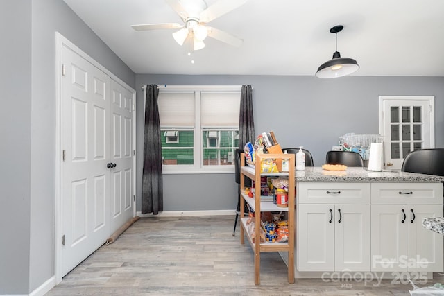 interior space featuring light wood-type flooring, a ceiling fan, and baseboards