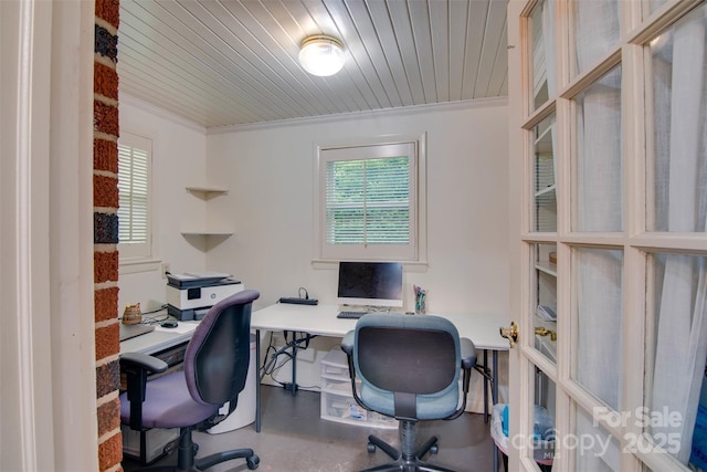 1473 12th Street Dr NW, Hickory, NC 28601 - office with ornamental molding, a wealth of natural light, finished concrete flooring, and wood ceiling