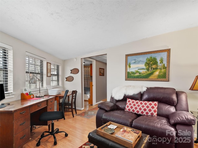 office space featuring light wood-style floors and a textured ceiling