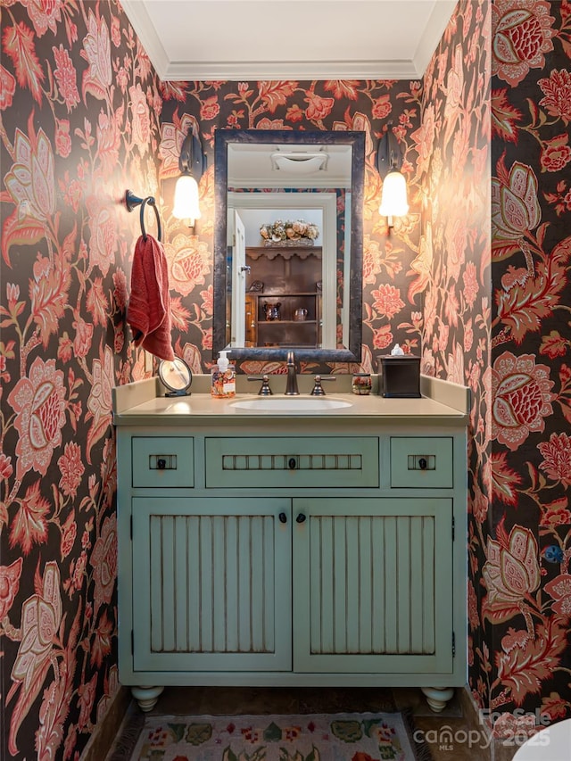 11 Bourne Ln, Asheville, NC 28803 - bathroom featuring vanity, ornamental molding, and wallpapered walls