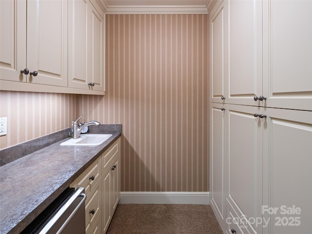 11 Bourne Ln, Asheville, NC 28803 - laundry area with carpet floors, crown molding, and a sink