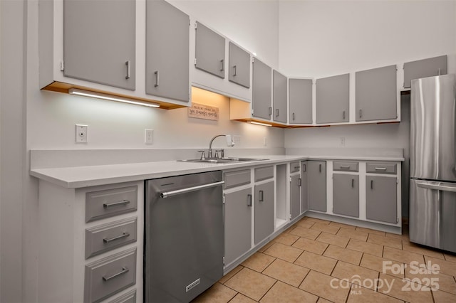8 Hunting Country Trl, Tryon, NC 28782 - kitchen featuring a sink, gray cabinets, light tile patterned flooring, and stainless steel appliances