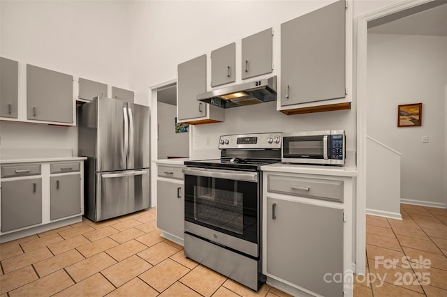 8 Hunting Country Trl, Tryon, NC 28782 - kitchen featuring light tile patterned floors, light countertops, under cabinet range hood, gray cabinetry, and stainless steel appliances