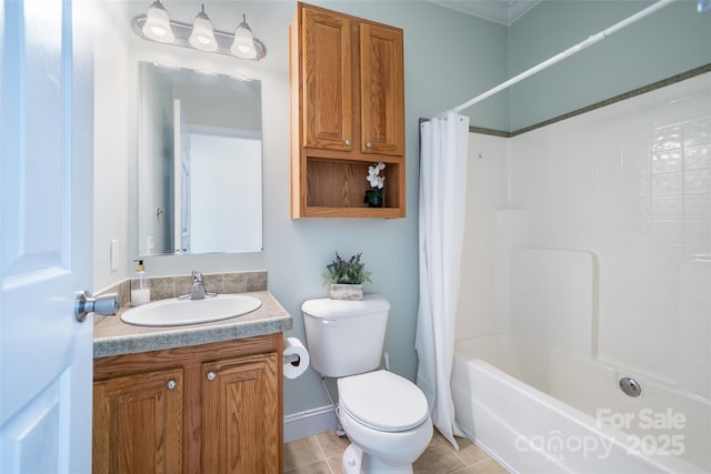 full bathroom with tile patterned flooring, toilet, vanity, baseboards, and shower / tub combo